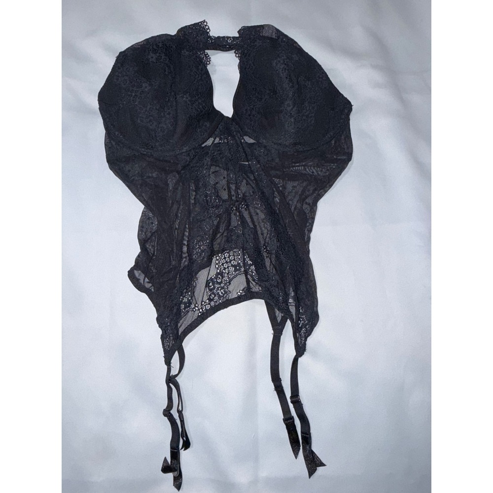 Adore Me Black Lace Bustier Corset Halter Lingerie Garter‎ Straps XL